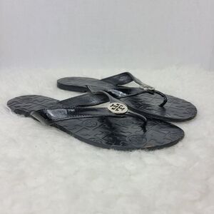 Tory Burch Womens Sandals Size 6M Thora Black Patent Leather Flip Flops Flats